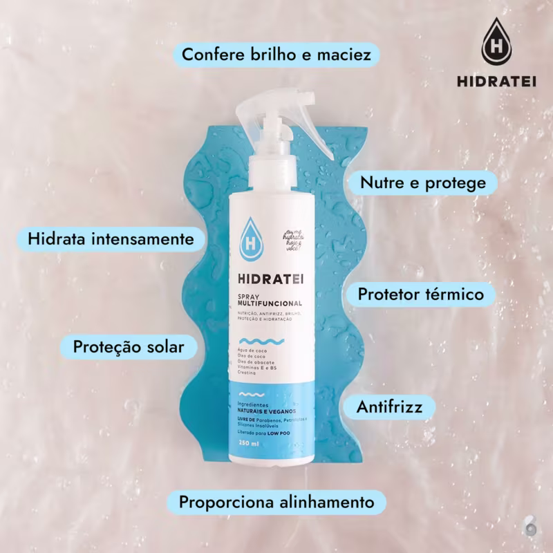 Spray multifuncional Hidratei em frasco plástico branco de 250ml. Rótulo com logotipo de gota d'água azul e texto "Hidratei Spray Multifuncional" em letras brancas e azuis. Descrição dos benefícios: nutrição, antifrizz, brilho, proteção e hidratação.