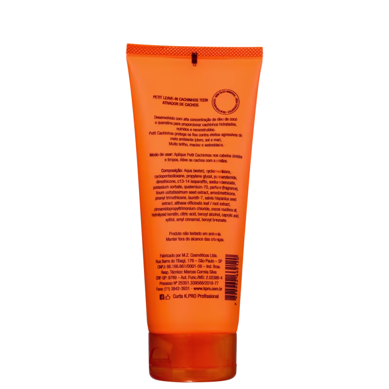 Ativador de cachos K.Pro, embalagem plástica tubular laranja. Rótulo em português com o nome do produto "Petit K.Pro" e descrições como "Ativador de Cachos", "Cachinhos saudáveis", "Proteção Térmica e Solar".