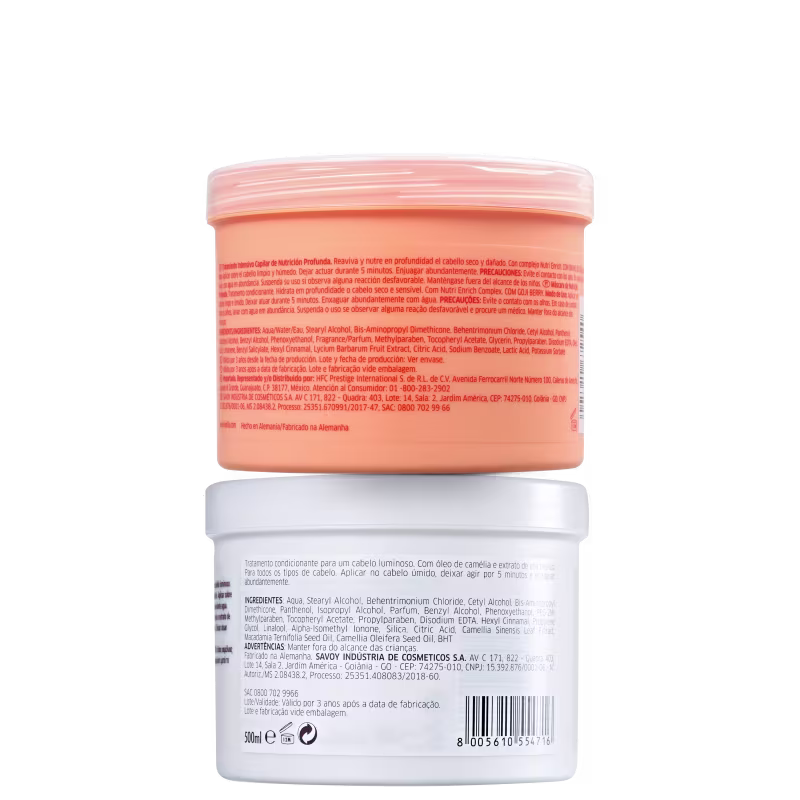 A imagem mostra dois produtos de tratamento capilar da marca Wella Professionals. Um é um frasco plástico arredondado de cor salmão "Nutri-Enrich with Goji Berry". O outro é um pote branco com a inscrição "Oil Reflections Luminous reboost mask".