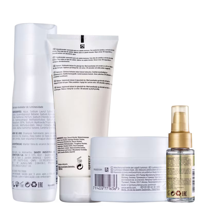 A imagem mostra uma linha de produtos para cabelos da marca Wella Professionals, chamada Oil Reflections. Inclui um shampoo, um condicionador, uma máscara capilar luminosa em um pote branco e um óleo de brilho em um frasco dourado.
