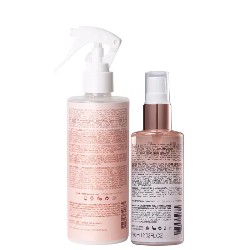 Dois produtos de cuidados capilares da marca Braé. Um é um spray reparador capilar chamado "Essential". O outro é um sérum de tratamento chamado "Divine Plume Sensation", em um frasco com líquido rosado e rótulo branco com texto em letras marrons.