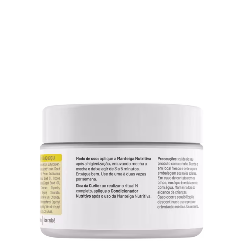 Produto de tratamento capilar nutritivo da linha Curly Care. Embalagem plástica branca opaca em formato cilíndrico. Rótulo frontal amarelo com a inscrição "Nutrição" e o nome do produto "Manteiga Nutritiva" em letras grandes.