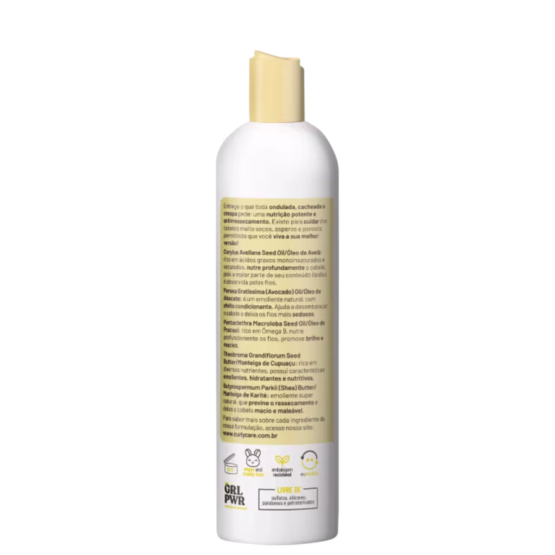 Produto de tratamento capilar em embalagem plástica branca opaca com tampa de rosca bege. A embalagem apresenta um rótulo com texto em português descrevendo os ingredientes naturais.