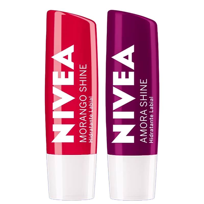 A imagem mostra dois tubos de creme labial da marca NIVEA. Os tubos têm um design cilíndrico e possuem um tom vermelho e outro roxo.  O logotipo e nome da marca "NIVEA" estão impressos em letras brancas maiúsculas.