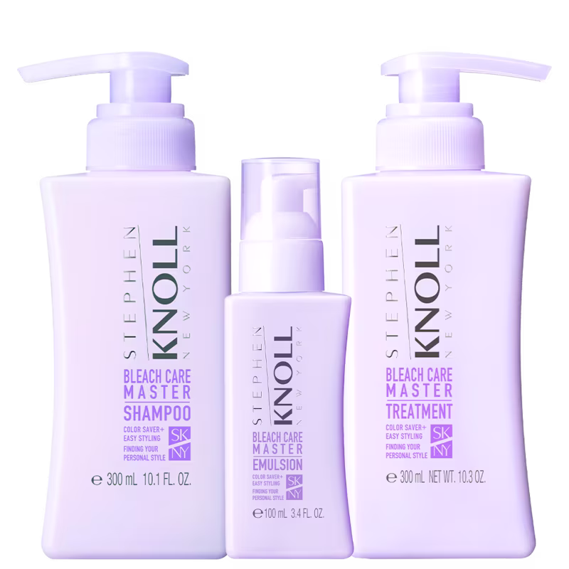Três embalagens de 300ml contendo shampoo e condicionador da linha Bleach Care Master, e um frasco de 100ml com leave-in Bleach Care.