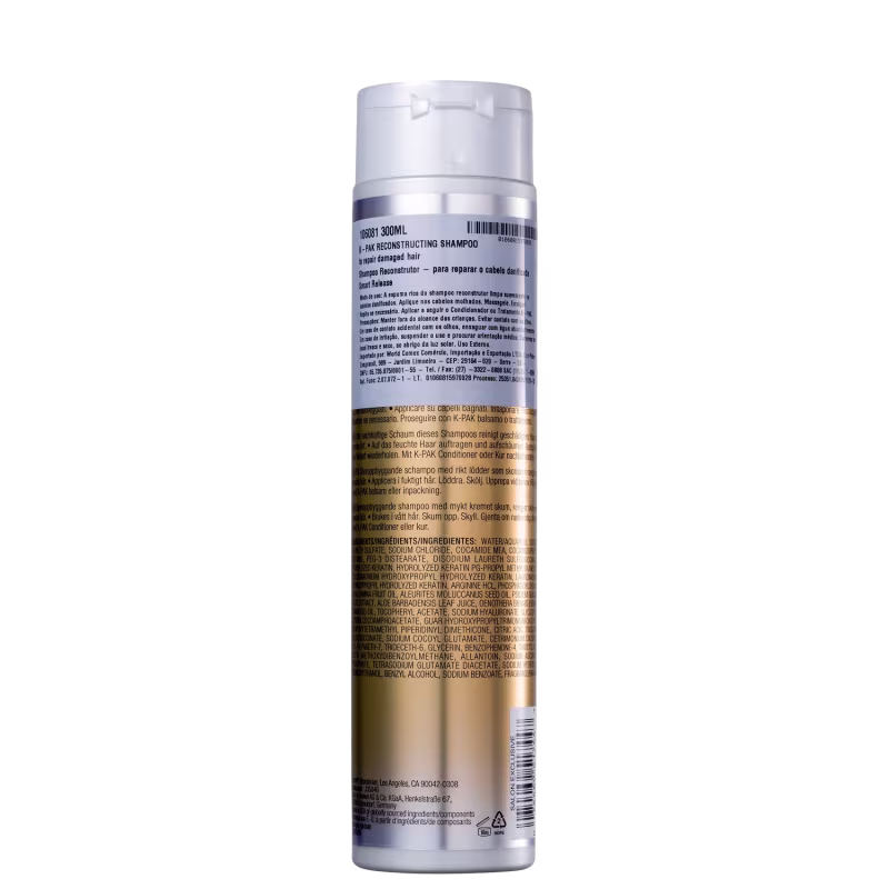 Shampoo reconstrutivo da marca Joico em um frasco plástico branco cilíndrico. O rótulo contém informações detalhadas sobre o produto em várias línguas, incluindo instruções de uso, ingredientes e avisos.