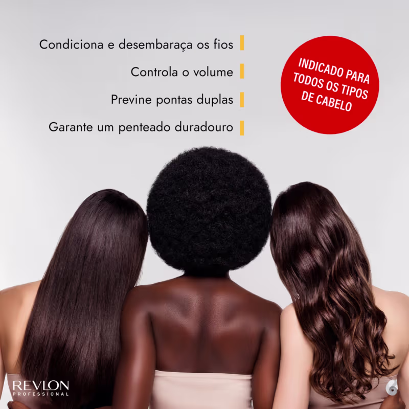 O produto apresentado é um tratamento capilar da marca Revlon Professional. A imagem mostra três mulheres de costas, com diferentes tipos de cabelo - liso, cacheado e crespo.