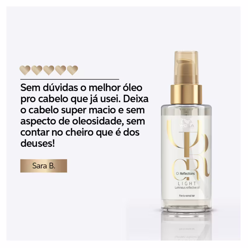 O produto apresentado é um óleo capilar luminoso da linha Reflections da Wella Professionals. Vem em um frasco transparente com tampa dourada. O frasco tem formato cilíndrico e exibe o nome do produto "Light Luminous Reflective Oil" em letras douradas.