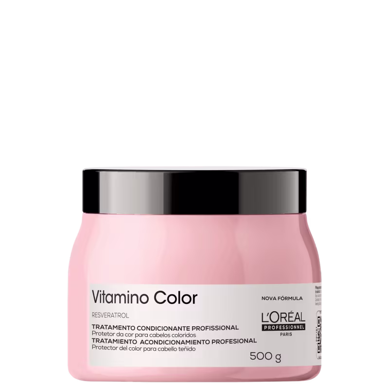 Produto de tratamento capilar condicionante profissional da linha Vitamino Color da L'Oréal Professionnel. Embalagem plástica rosada opaca com tampa preta.