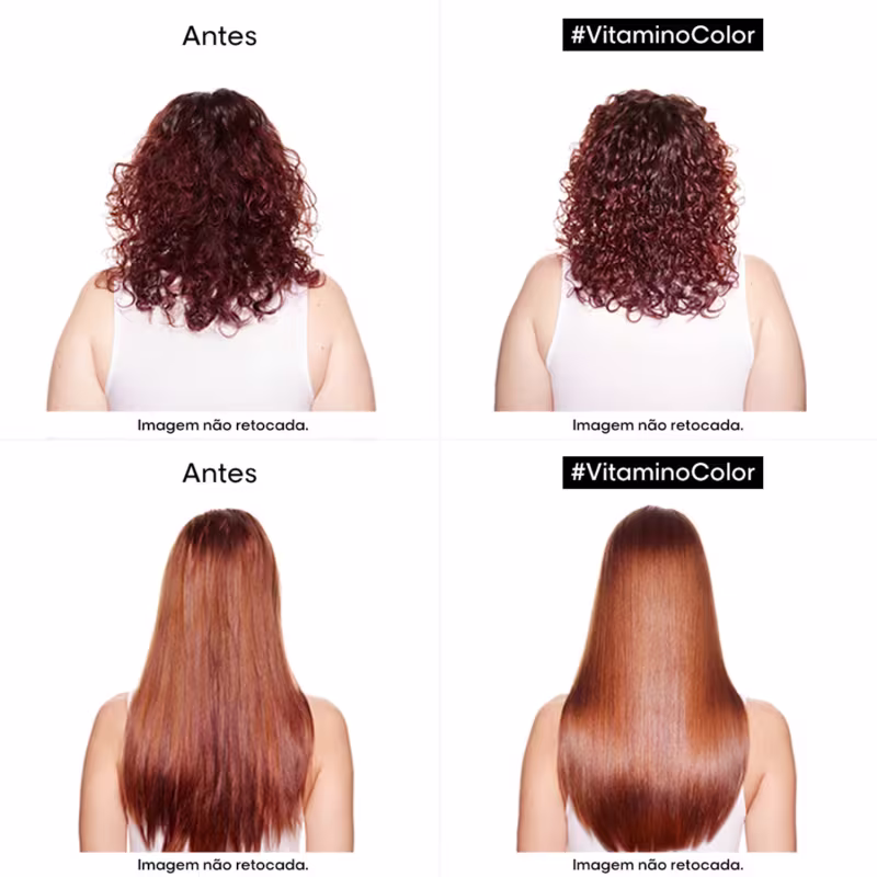 Esta imagem apresenta um antes e depois do uso de um produto para coloração de cabelos da linha #VitaminoColor da L'Oréal Professionnel.