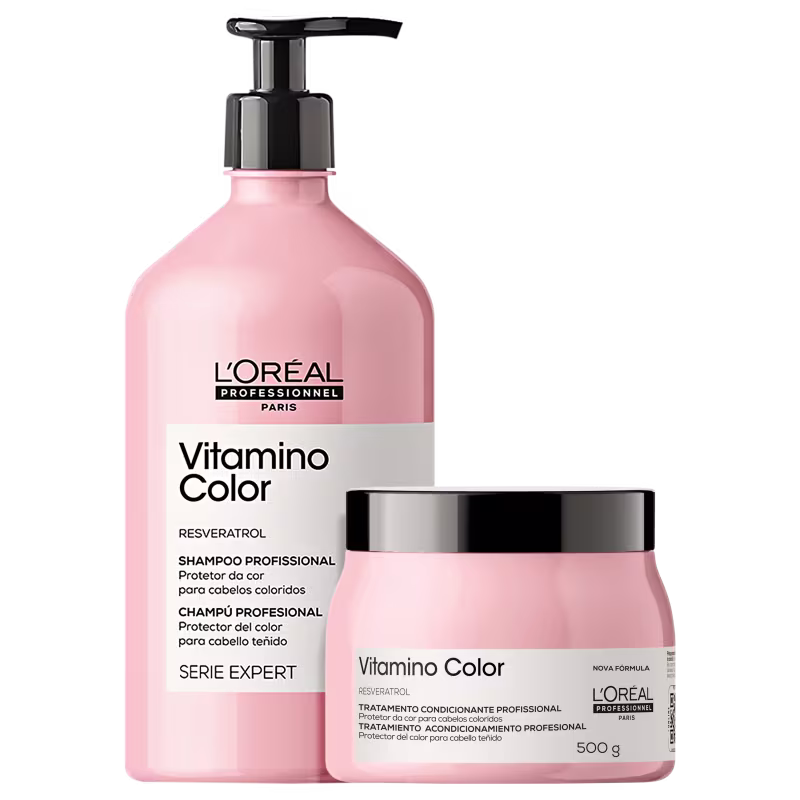 O produto apresentado é um shampoo e uma máscara para cabelos coloridos da linha Vitamino Color da L'Oréal Professionnel.
