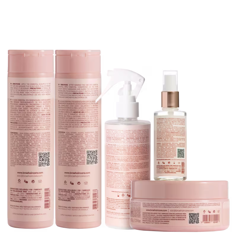 A imagem mostra uma linha de produtos para cabelos da marca Brae chamada "Essential". Todos os produtos têm o nome "Essential" e a descrição "Intense Repair Hyaluronic Acid" em letras marrons.