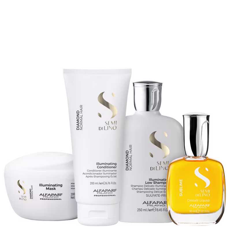 A imagem mostra uma variedade de produtos de beleza da marca Alfaparf Milano. Os produtos apresentam embalagens brancas e douradas com o logotipo da linha "Semi di Lino" destacado.