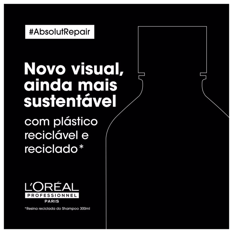 O produto apresentado é uma linha de shampoo da marca L'Oréal Professionnel. A embalagem tem um design minimalista em preto e branco. O texto em português destaca que o novo visual é "ainda mais sustentável" por utilizar plástico reciclável e reciclado.