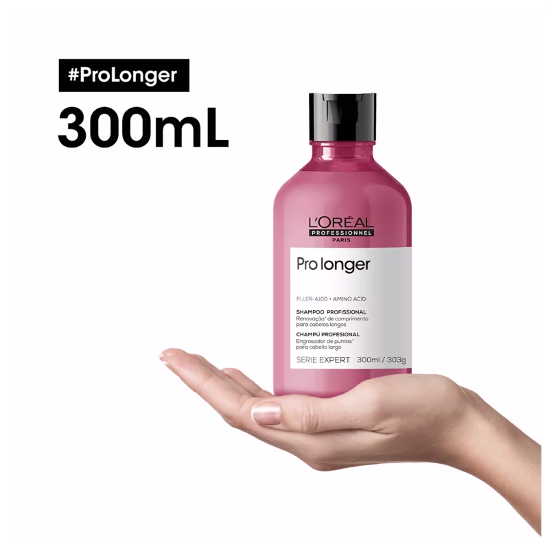 Produto de cuidado capilar da linha Serie Expert da L'Oréal Professionnel. Frasco plástico de 300ml na cor rosa, contendo shampoo da linha Pro Longer. Rótulo com texto "Pro longer" em destaque.