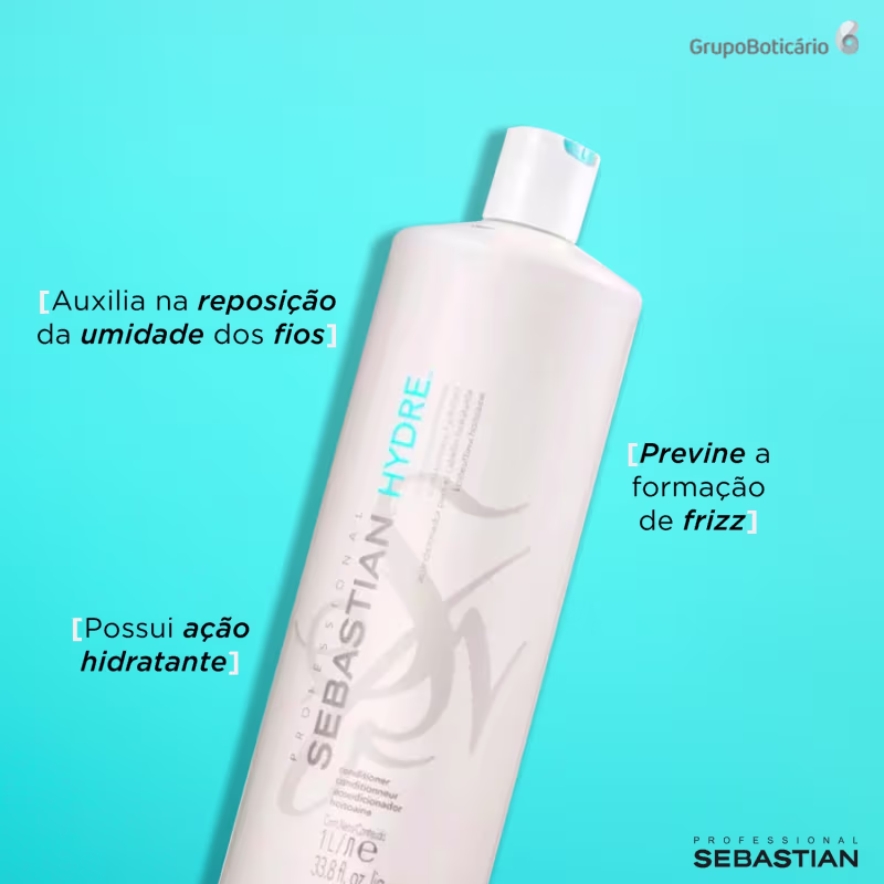 Produto de cuidados capilares Sebastian Professional, embalagem em frasco plástico branco opaco. Rótulo com o nome "Sebastian Hydre" em letras azuis. Texto adicional indicando que auxilia na reposição da umidade dos fios.