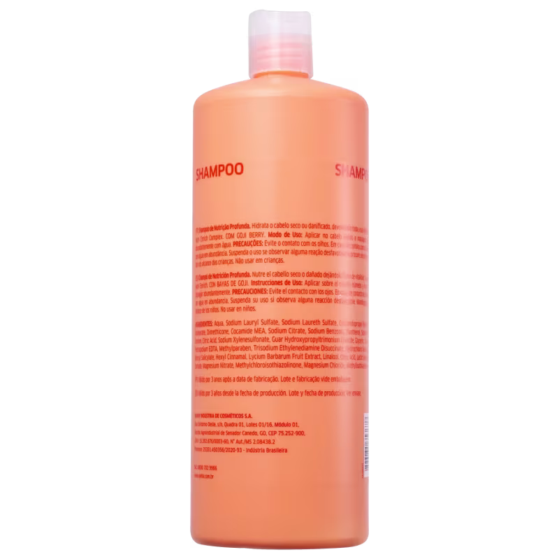 O produto apresentado é um frasco de shampoo da marca Wella Professionals, com a linha "Invigo Nutri-Enrich" destacada no rótulo. O frasco possui uma coloração laranja predominante, com o nome em destaque na parte superior.
