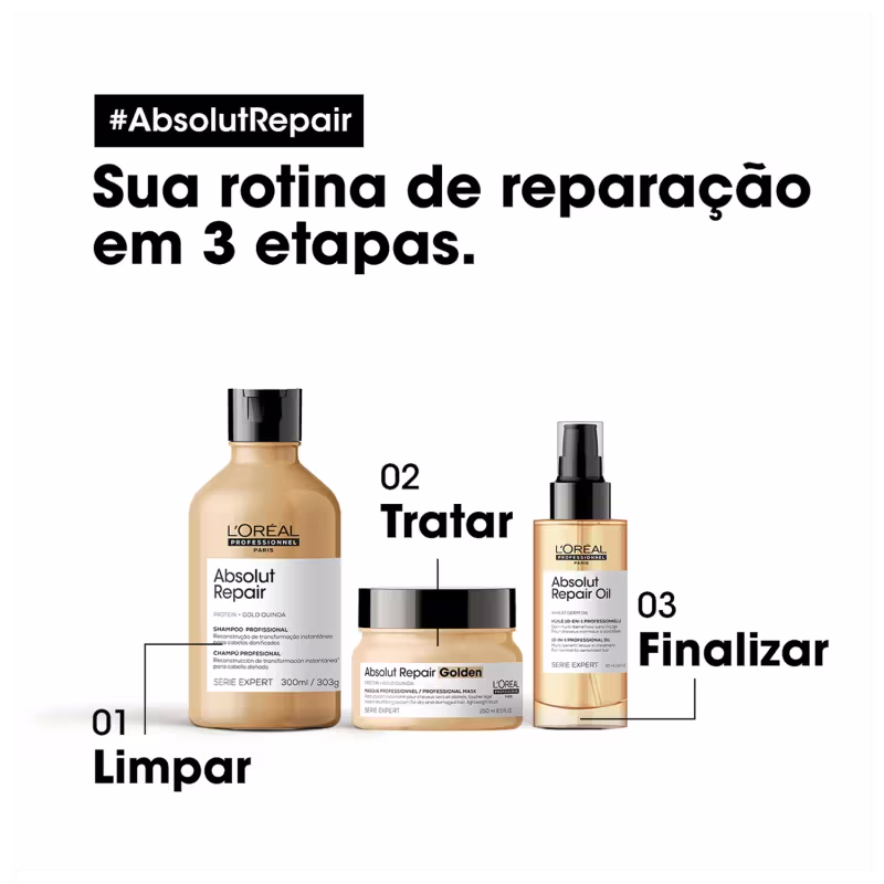 A imagem mostra três produtos da linha Absolut Repair da L'Oréal Professionnel: um frasco de shampoo, um frasco de óleo de reparação e um pote de tratamento condicionante.