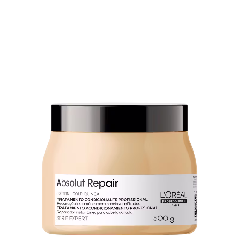 O produto apresentado é um tratamento condicionador profissional da linha Absolut Repair da L'Oréal Professionnel. A embalagem é um pote de 500g com tampa preta e rótulo branco.