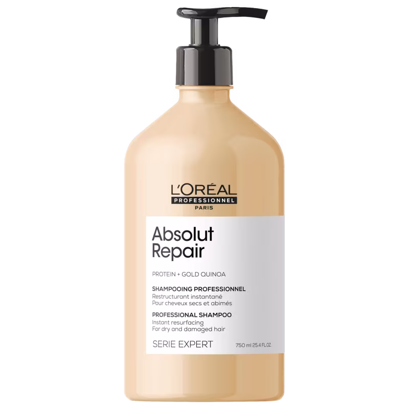 O produto apresentado é um shampoo profissional da linha Absolut Repair da L'Oréal Professionnel. A embalagem é um frasco de plástico com um dispensador na parte superior.