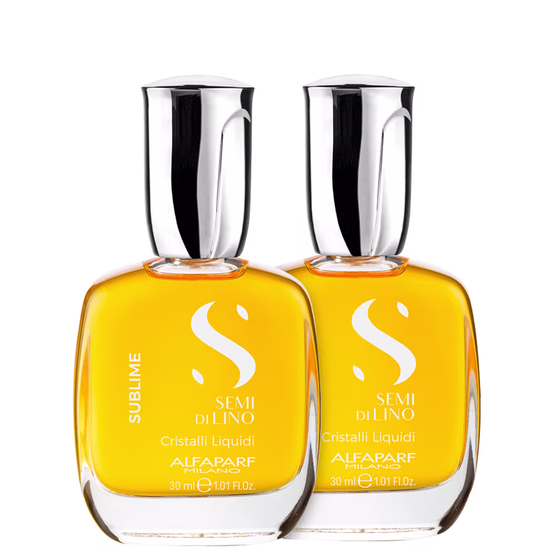 Dois frascos de óleo capilar da marca Alfaparf Milano, da linha Semi di Lino Cristalli Liquidi. Os frascos são transparentes e têm um formato retangular alongado. O líquido dentro é de uma cor amarela vibrante.