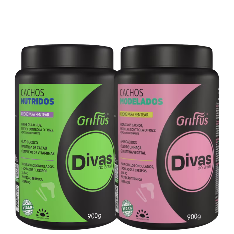Os produtos apresentados na imagem são dois cremes para pentear da marca Griffus, destinados a cuidar de cabelos ondulados, cacheados e crespos. Ambos com 900g.