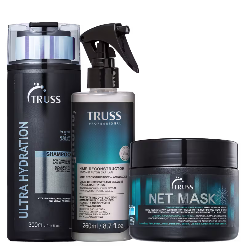A imagem mostra três produtos de cuidados capilares da marca TRUSS. O primeiro é um shampoo, o segundo é um líquido reconstrutor capilar, o terceiro é uma máscara capilar.