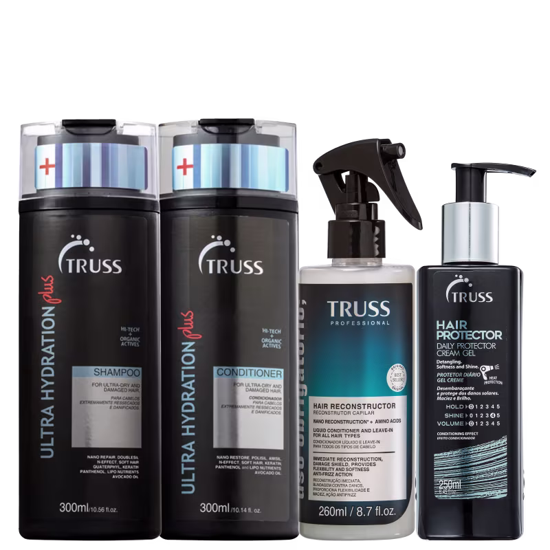 A imagem mostra uma variedade de produtos para cabelos da marca TRUSS. Há itens das linhas Ultra Hydration Plus, Uso Obrigatório e Hair Protector.