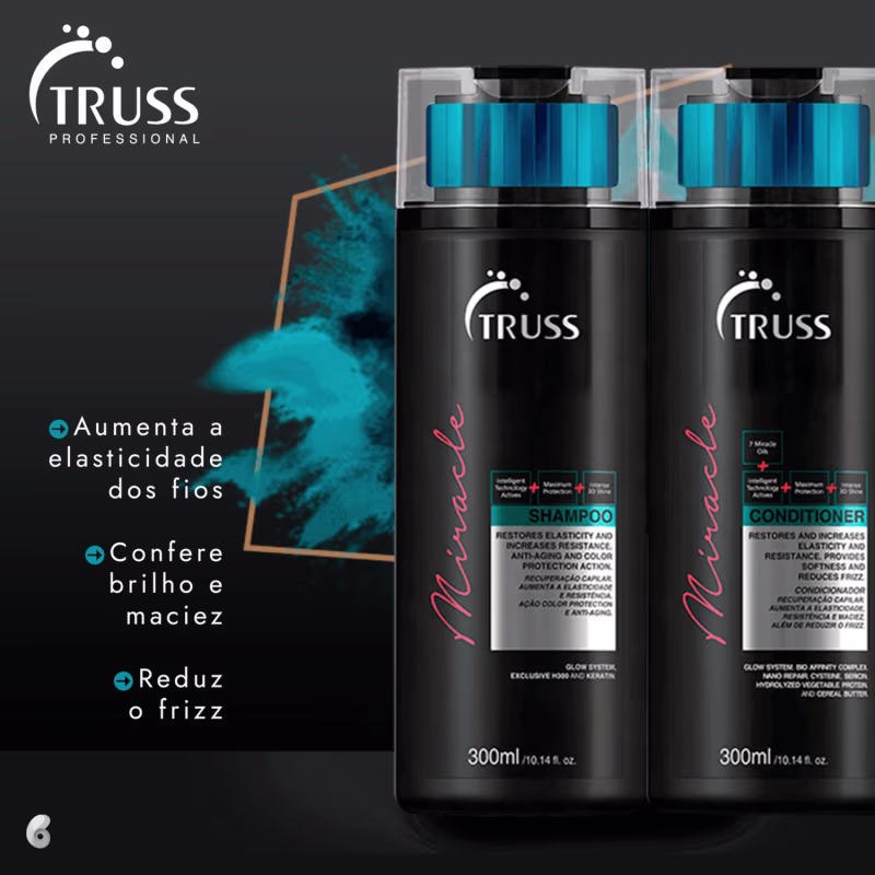 A imagem mostra dois frascos de shampoo e condicionador da marca TRUSS Professional. Os frascos são pretos com detalhes em rosa e azul claro. Cada frasco tem uma capacidade de 300ml/10.58fl.oz.