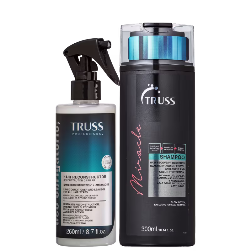 Produtos de tratamento capilar TRUSS. Um frasco plástico preto com bomba dosadora  identificado como "Hair Reconstructor". Ao lado, um frasco cilíndrico preto contendo um shampoo, rotulado "Miracle".