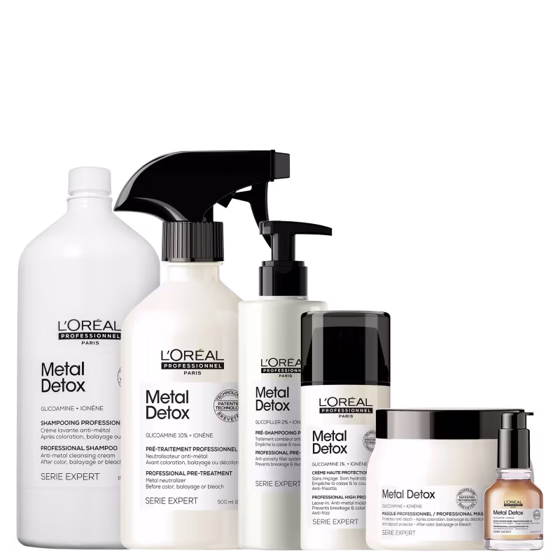 Kit com pré-shampoo, shampoo, máscara capilar, spray de tratamento, leave-in e óleo capilar Metal Detox, da marca L'Oréal Professionel