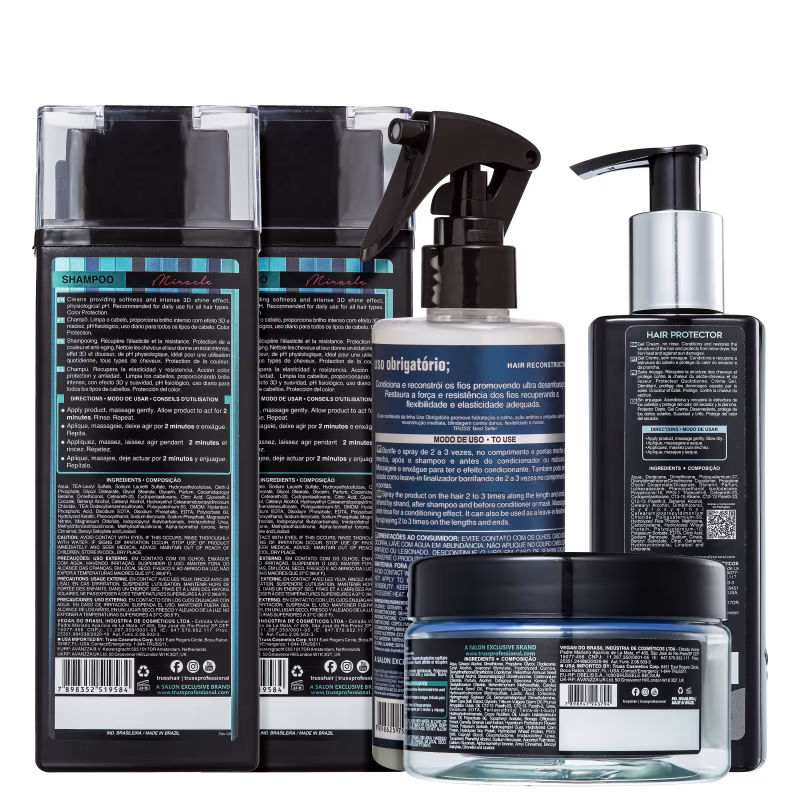 A imagem mostra uma variedade de produtos de cuidados capilares da marca TRUSS.