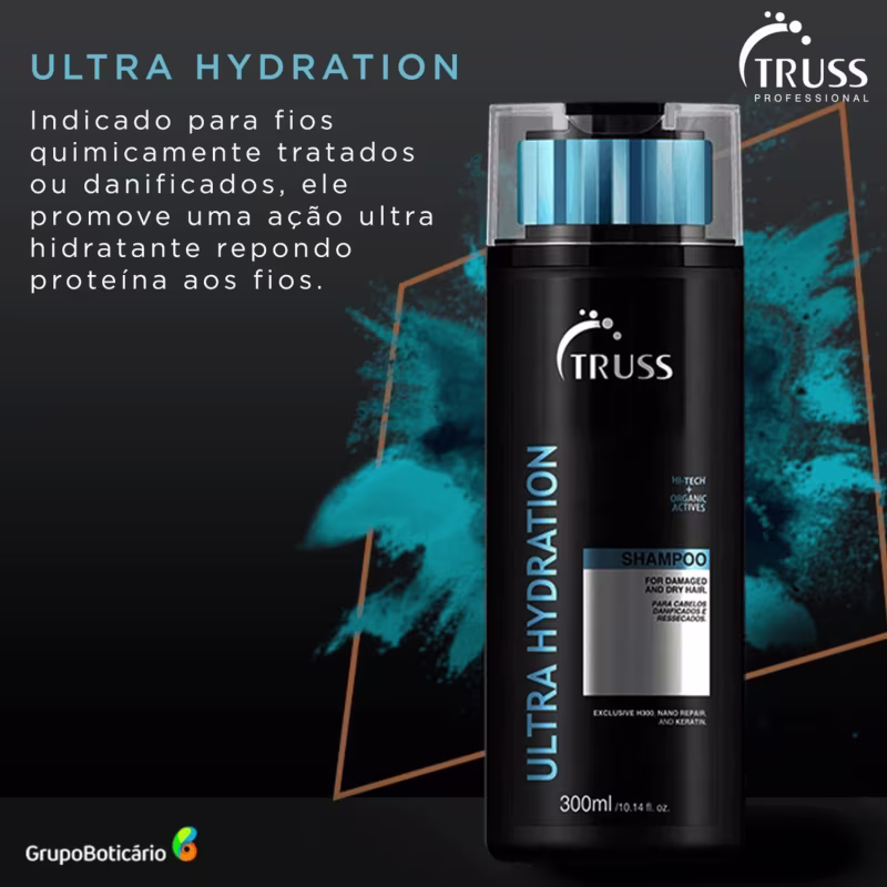 Produto de cuidado capilar Truss Ultra Hydration. Shampoo em frasco preto de 300ml para cabelos danificados ou secos. Frasco plástico cilíndrico com tampa transparente azul. Rótulo preto e branco com o nome do produto "Ultra Hydration".