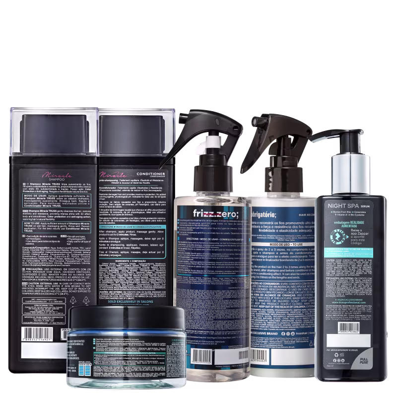 A imagem mostra uma variedade de produtos de cuidados capilares da marca TRUSS, com itens das linhas Miracle, Uso Obrigatório e Night Spa.