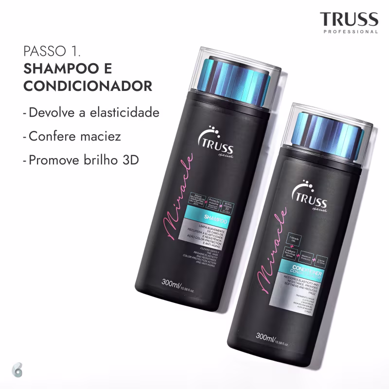 A imagem mostra dois frascos de shampoo e condicionador da marca TRUSS Professional. Os frascos são pretos, com detalhes em rosa e azul claro. Cada frasco tem uma capacidade de 300ml/10.58fl.oz.