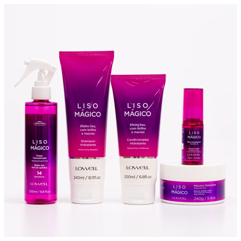 A imagem mostra uma linha de produtos para cabelos da marca Lowell chamada "Liso Magico".