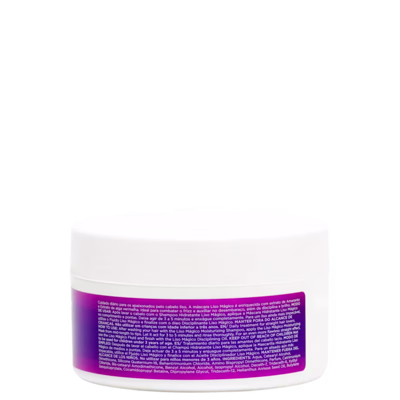 Máscara hidratante Liso Mágico da Lowell. Embalagem plástica branca com tampa, contendo 240g/8.4oz do produto.