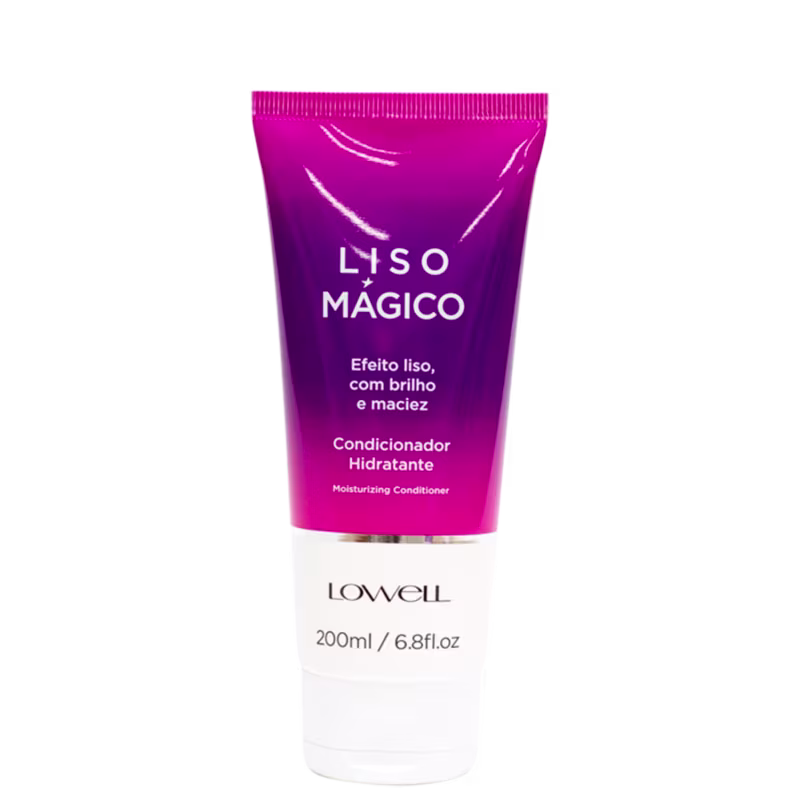 É um condicionador hidratante da marca Lowell. O produto vem em um tubo plástico de cor roxa vibrante com detalhes em branco na parte inferior.