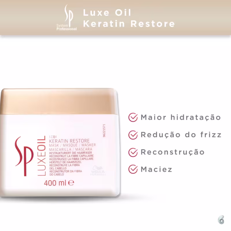 Produto para tratamento capilar da linha SP System Professional Luxe Oil. Embalagem retangular de plástico branco com tampa bege. Rótulo com o nome "Keratin Restore Mask / Masque / Masker" em letras vermelhas e pretas.