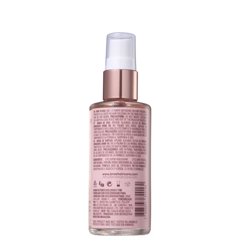 Óleo capilar Gorgeous Shine Oil da marca Brae. Frasco transparente de plástico na cor cobre rosado metálico com tampa branca. Rótulo com o nome do produto e marca em letras brancas sobre o frasco.