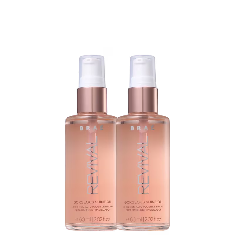 Dois frascos de óleo capilar brilhante da marca Brae. Os frascos têm um design cilíndrico transparente com um líquido de tom dourado.