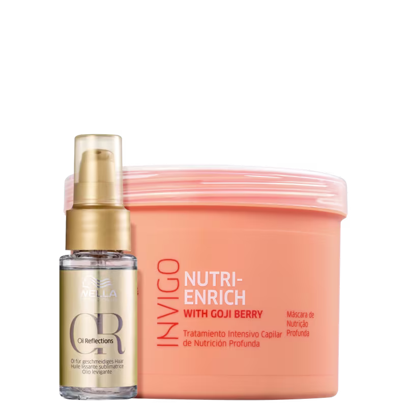 Kit com máscara Invigo Nutri-Enrich e óleo capilar Oil Reflections, da marca Wella Professionals.