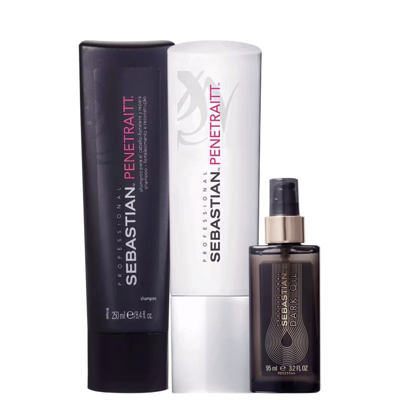 Kit com shampoo e condicionador Penetraitt, com óleo capilar Dark Oil, da marca Sebastian Professional