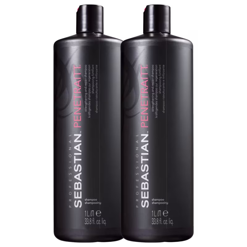São dois frascos de shampoo da marca Sebastian Professional. Os frascos são pretos, altos e cilíndricos, com capacidade de 1 litro ou 33,8 fl oz cada.
