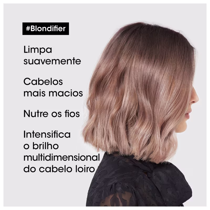 O produto apresentado é um tratamento capilar da linha #Blondifier. O texto indica que ele limpa suavemente, deixa os cabelos mais macios, nutre os fios e intensifica o brilho multidimensional dos cabelos loiros.