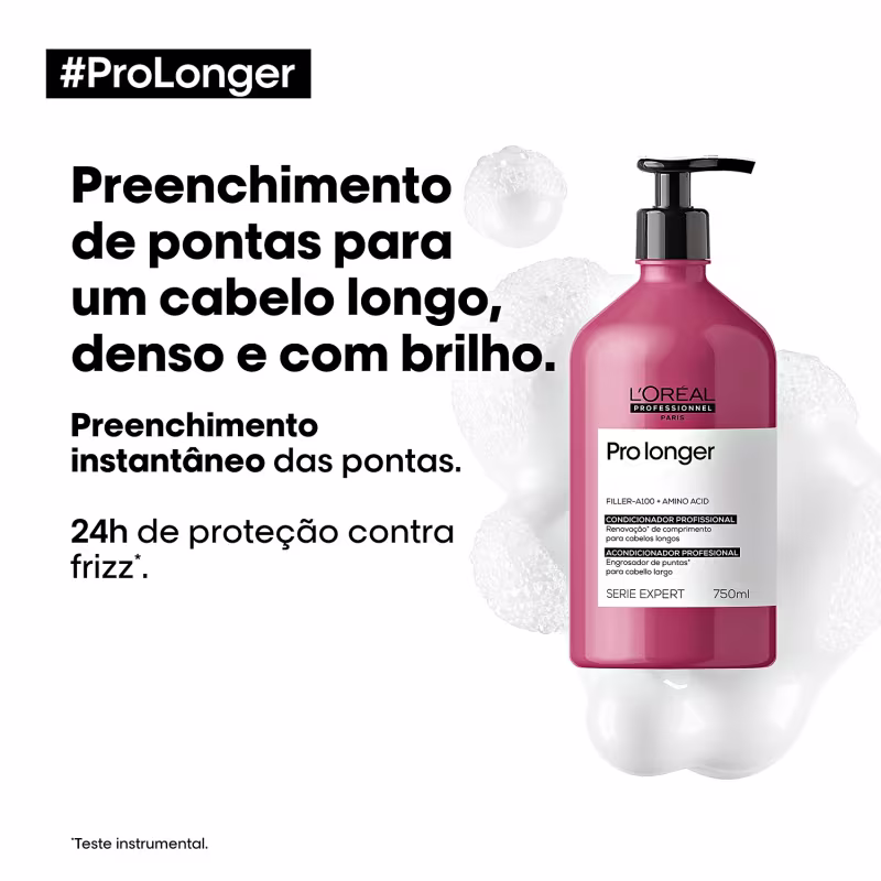 O produto apresentado é um condicionador capilar da linha Serie Expert Pro Longer da L'Oréal Professionnel. Vem em uma embalagem plástica rosa de 750ml com bomba dosadora preta.