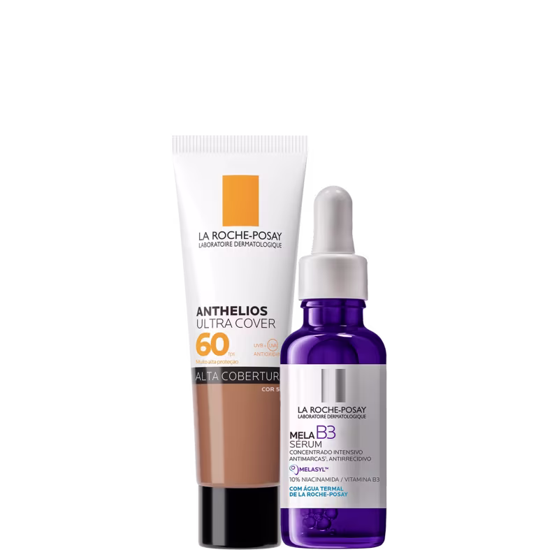 A imagem mostra um protetor solar facial com cor com embalagem tipo bisnaga, ao lado de um frasco de sérum facial com azul, rótulo cinza e conta-gotas branco.