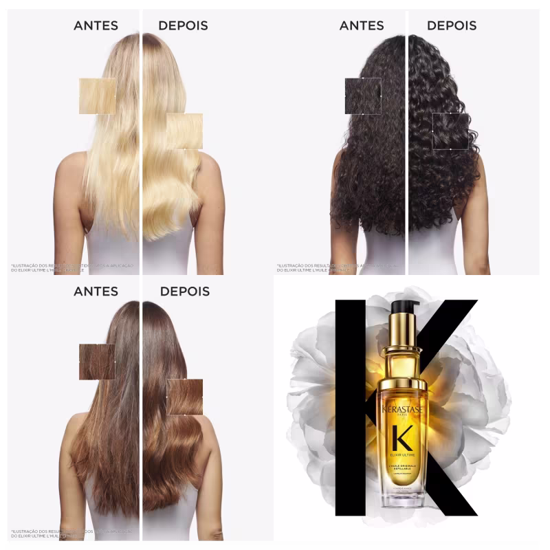 A imagem mostra antes e depois do uso do Óleo Elixir Ultime, apresentando diferentes tipos de cabelo e resultado de brilho e sedosidade.