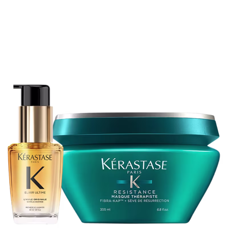A imagem mostra dois produtos da marca Kérastase> frasco dourado de óleo capilar chamado "Elixir Ultime L'huile Originale", com uma bomba dosadora preta. O outro é uma máscara com embalagem azul-esverdeada, chamada Resistance Masque Therapiste.