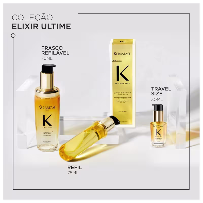 A imagem mostra a coleção Elixir Ultime da marca Kérastase, que inclui os seguintes produtos: frasco refilável de 75ml, um frasco menor de 30ml, identificado como Travel Size, um refil de 75ml e caixa dos produtos. Todos são dourados com letras pretas.